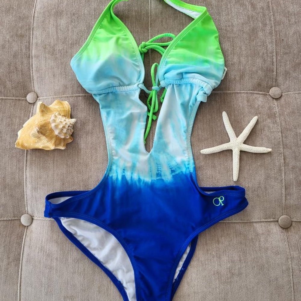 Super Sexy Op Blue and Green One piece cutout medium